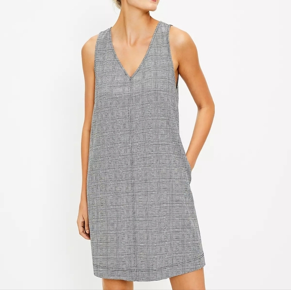 Loft Petite Plaid Double V Pocket Dress, Color Black/White Size SP - Picture 1 of 15
